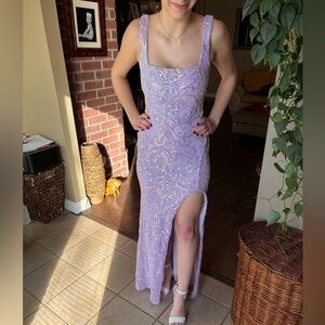 Elegant Long Fitted Lavender Sequin Formal Dress